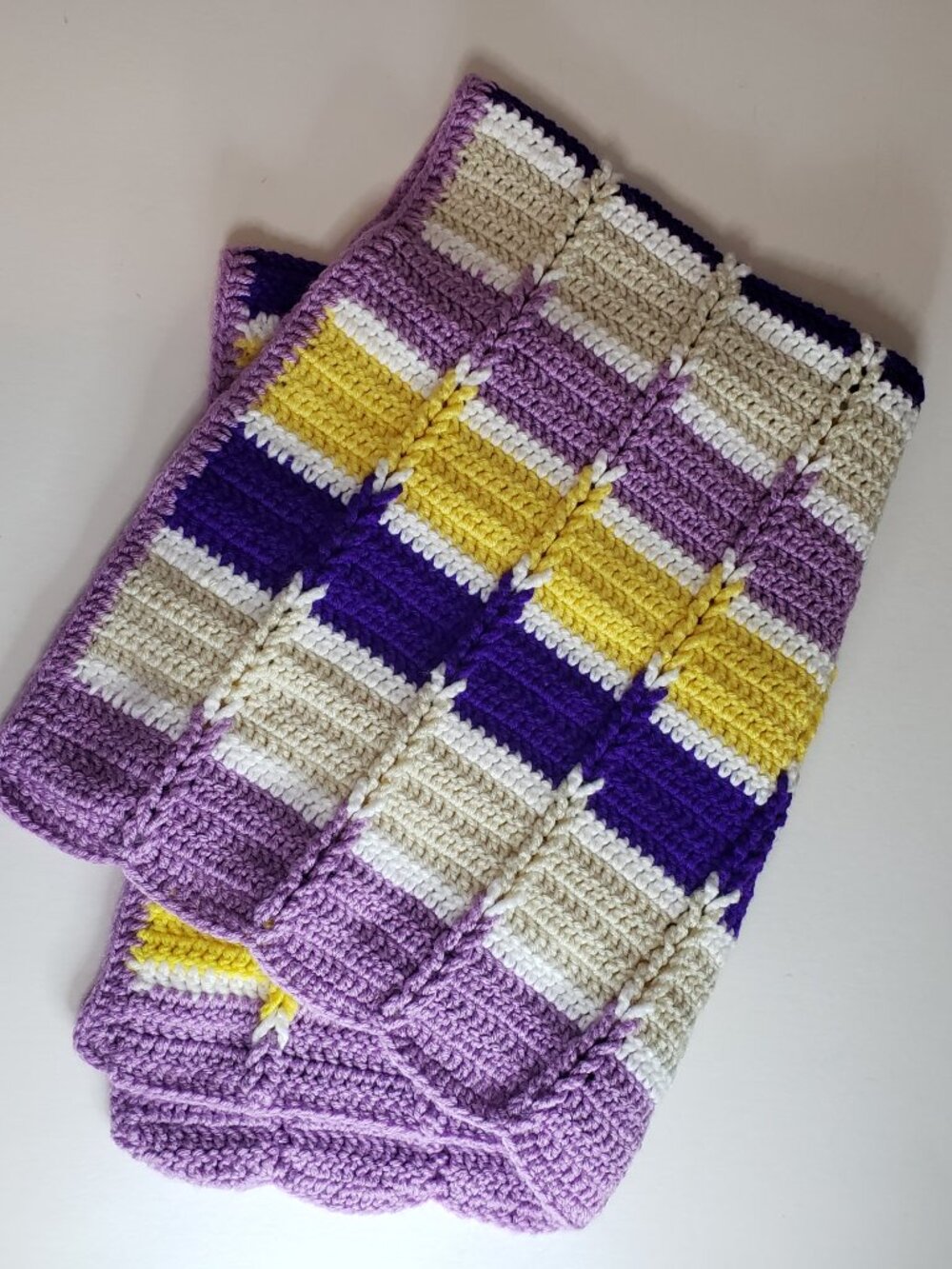 Handmade Crochet Afghan Throw Lap Blanket Stripe Purple Yellow Navy NWOT 36"x27"